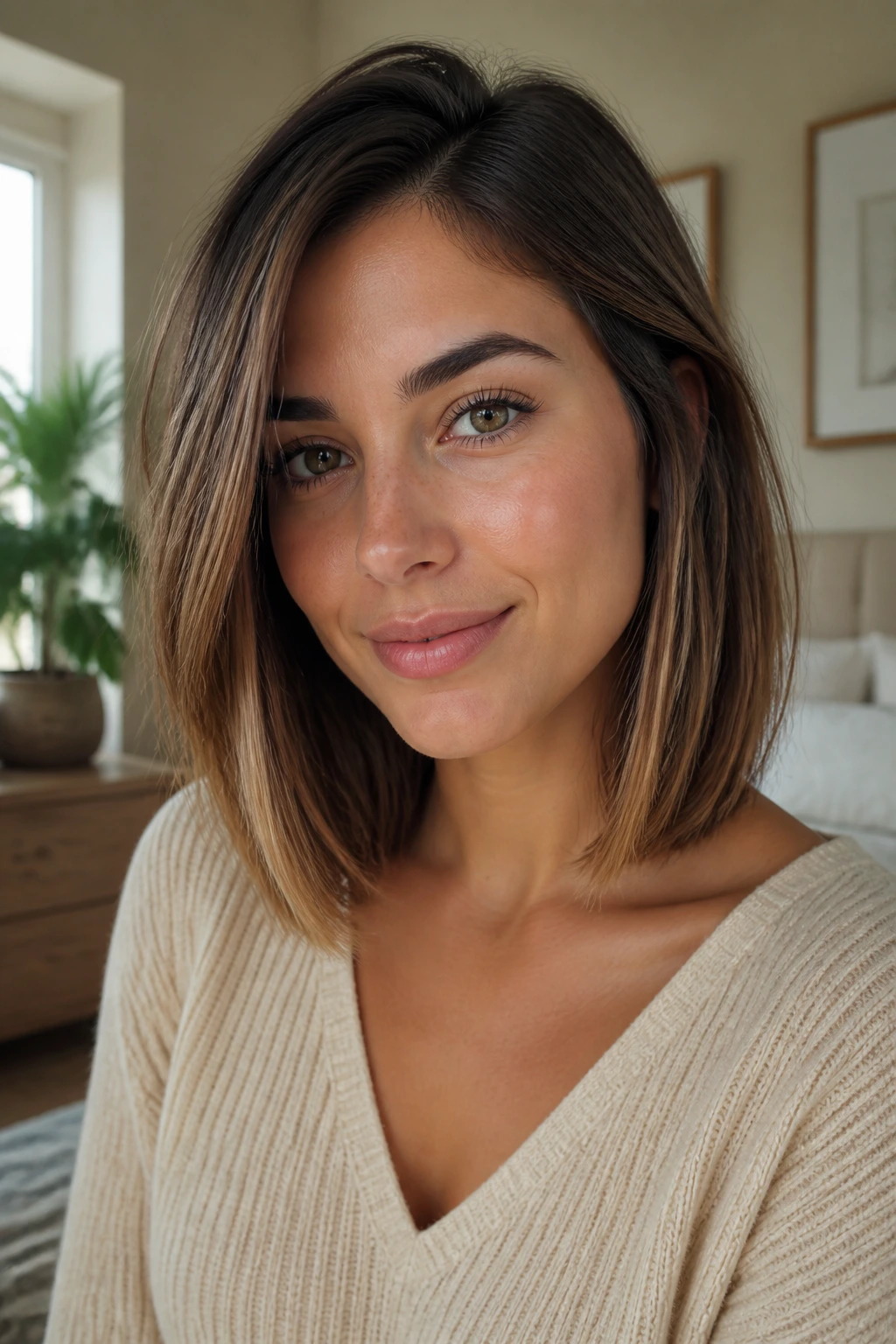 Portrait of a real person with a soft everyday lob and off-center part