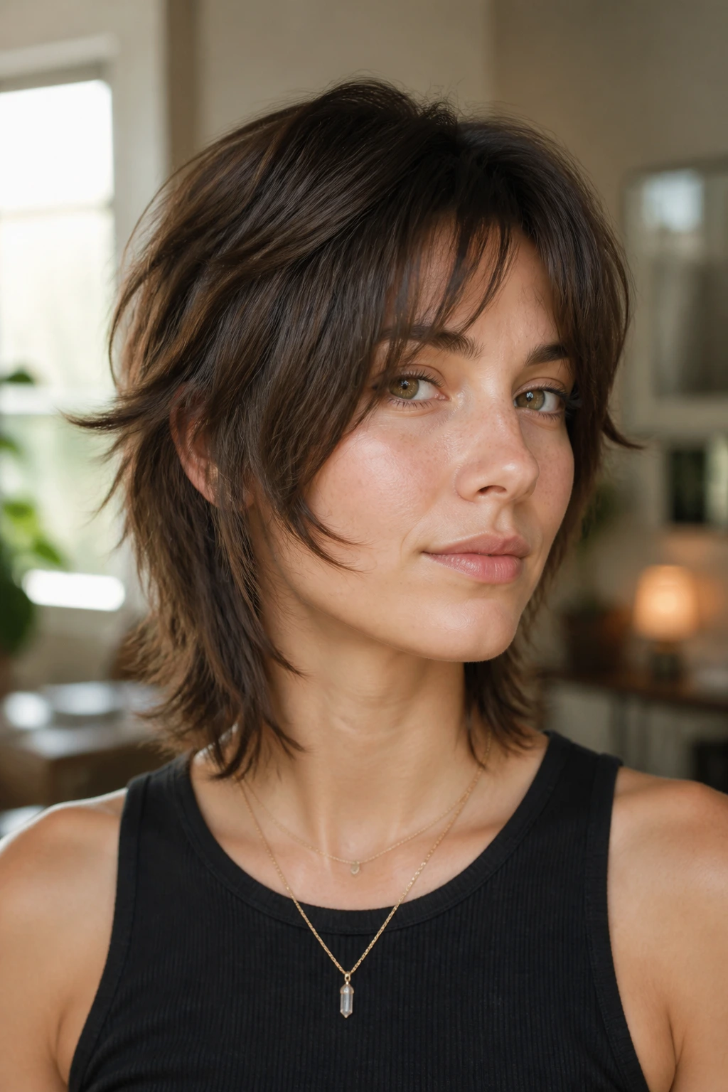 Close-up portrait of a real person with soft face-frame mullet in warm interior light