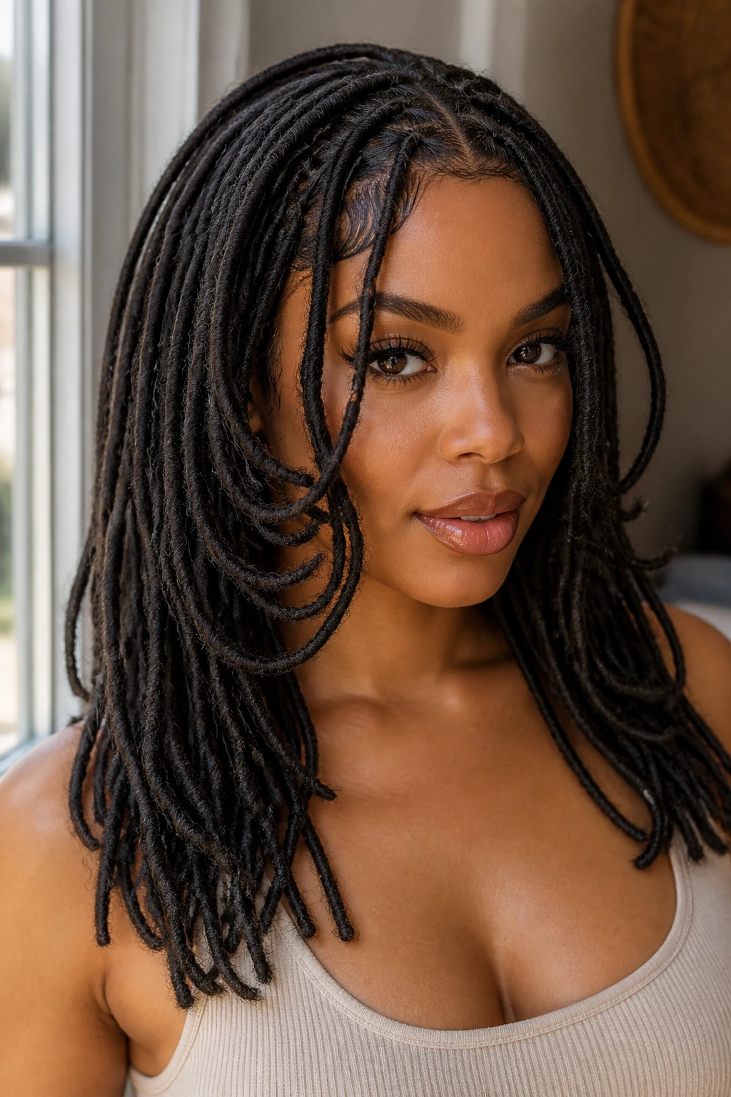 Portrait of a person with soft face-framing layers in faux locs.