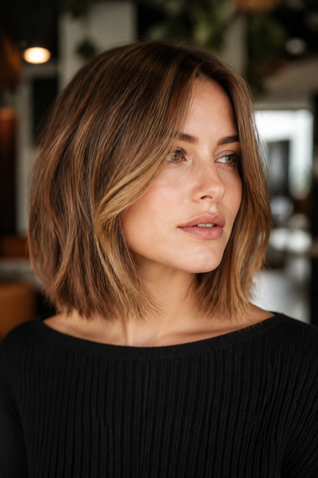 Portrait of a person with a soft face-framing lob hairstyle