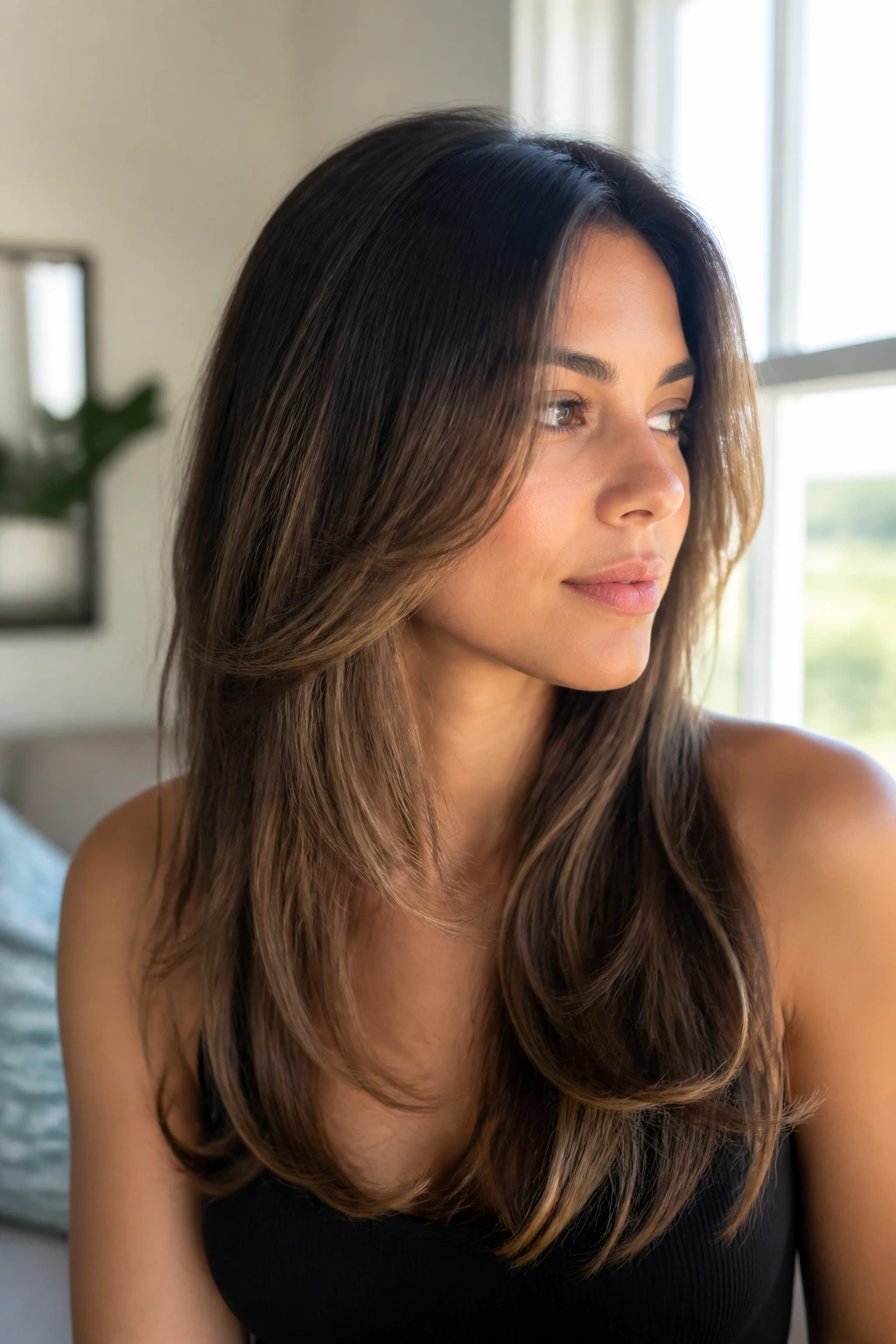Portrait of a real woman with soft face-framing layers around the cheeks