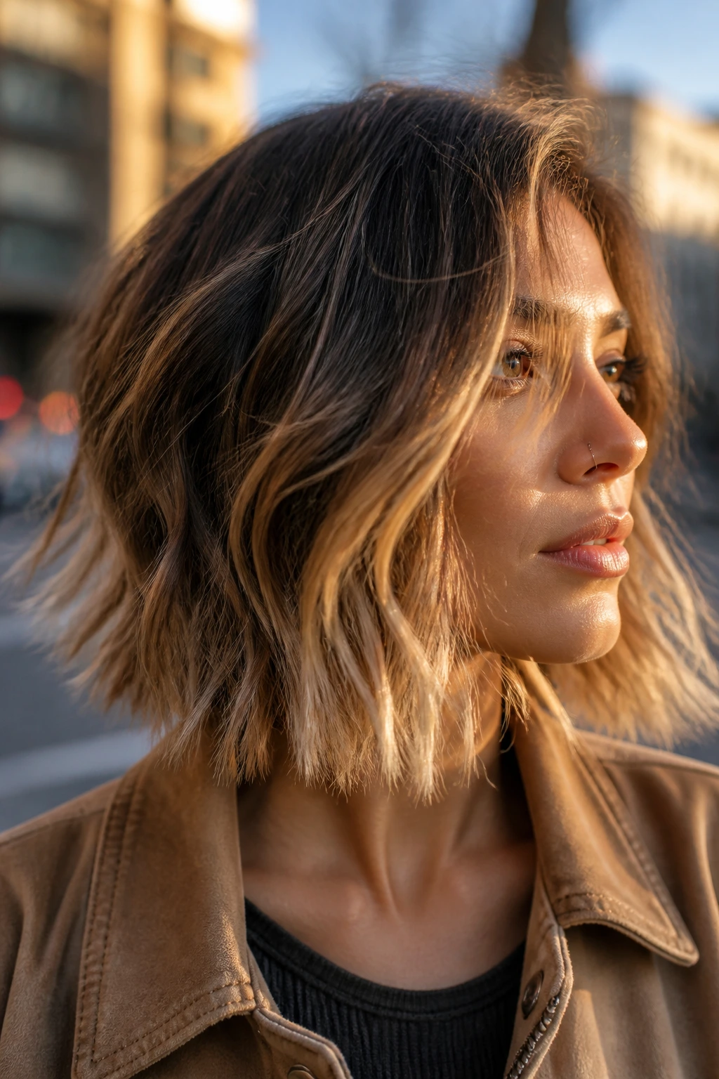 Close-up of a real woman with a shoulder-length bob and gentle fade outdoors in golden hour light