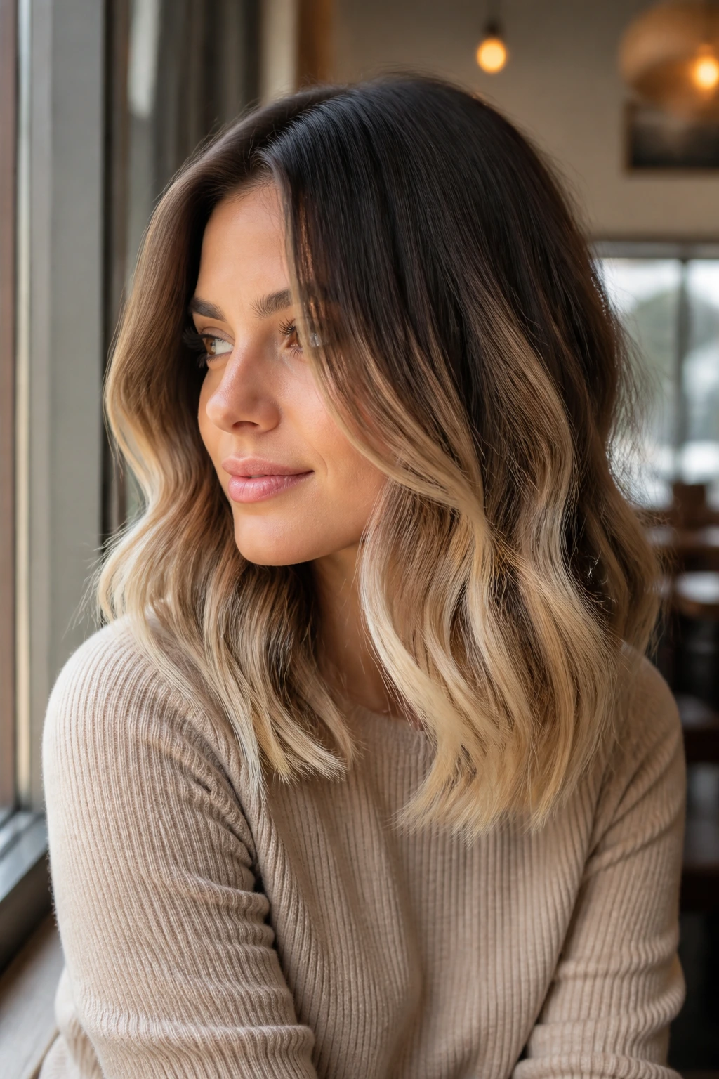 Close-up of a soft fade ombre on shoulder-length hair in natural light