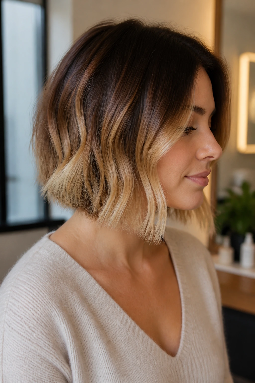 Portrait of a woman with a soft ombre fade on a bob under natural window light