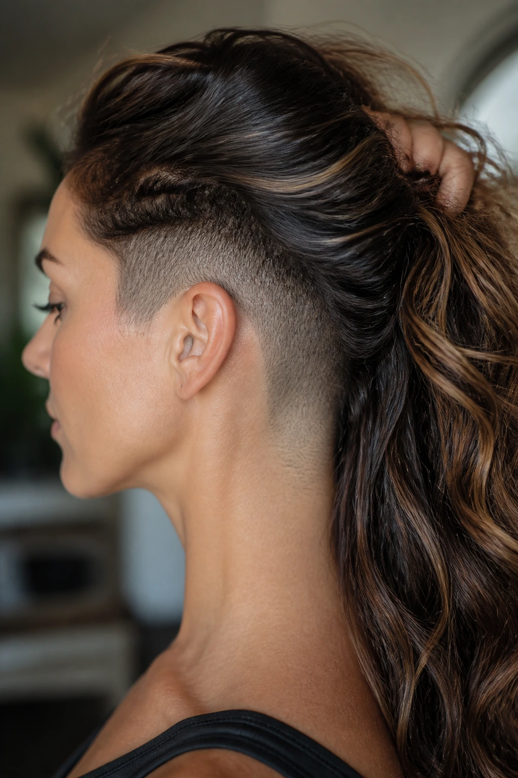 Close-up of a real woman with a softly faded undercut under wavy hair