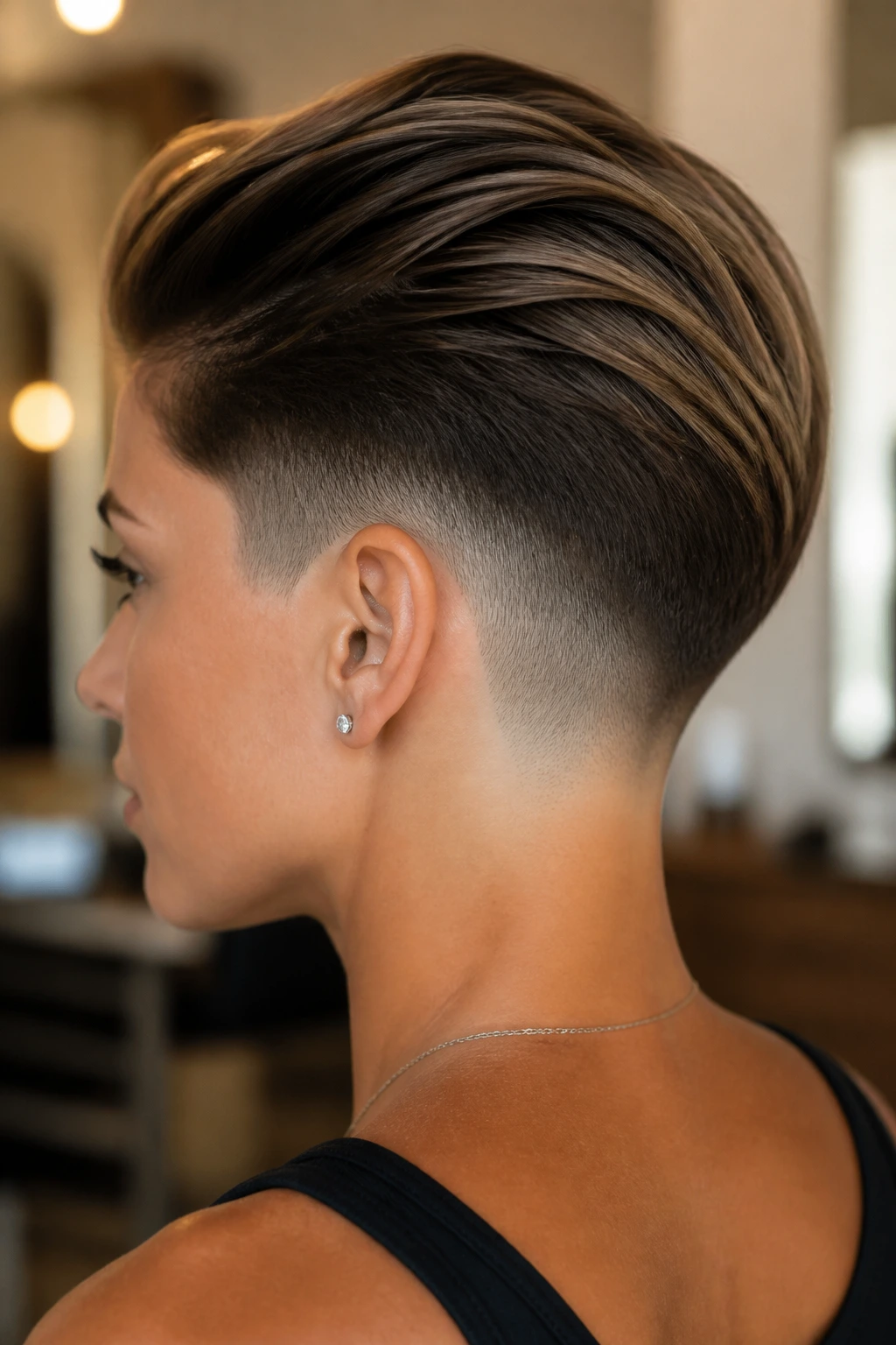Close-up portrait of a woman with a soft fade undercut along the nape and sides