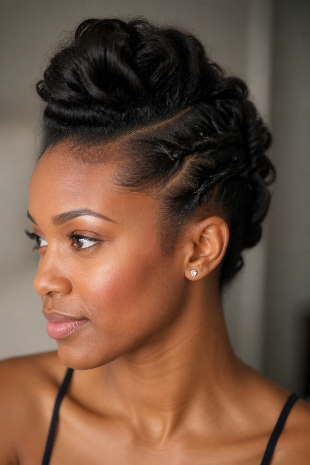 Medium close-up of a real woman with soft faux hawk pinned back