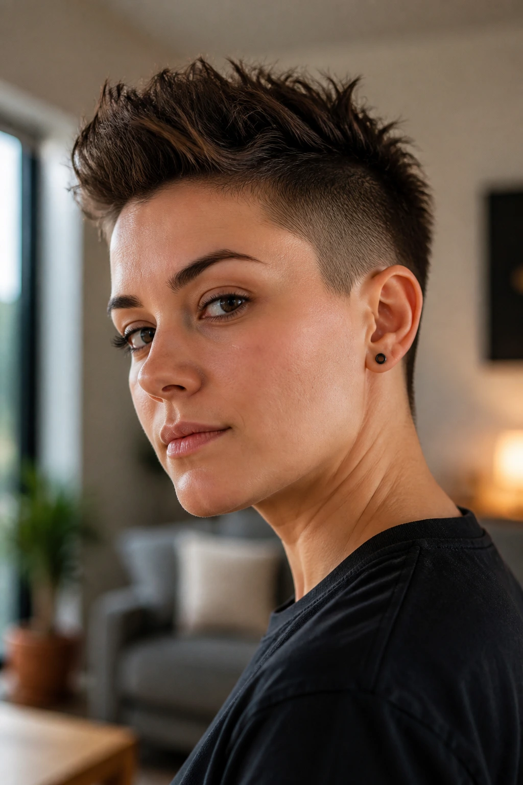 Close-up portrait of a real person with a soft faux-hawk and clean nape under natural window light