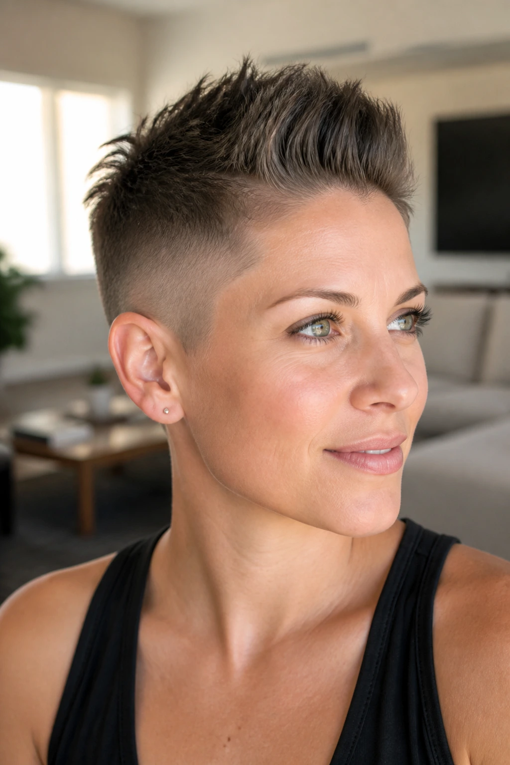 Close-up portrait of a real woman with a soft faux hawk buzz top longer sides faded