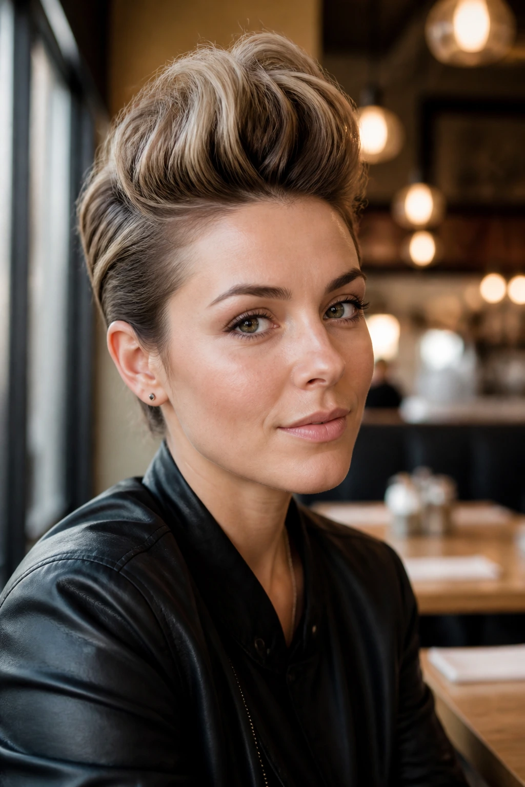 Close-up of a person with a soft faux hawk and teased crown