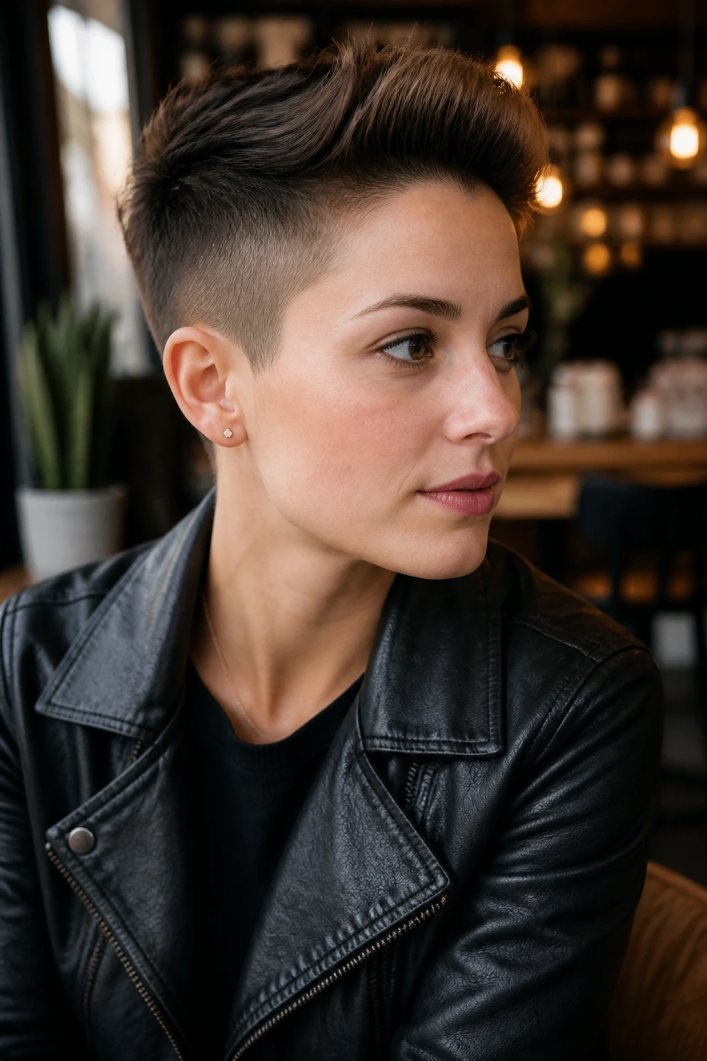Close-up of a real woman with soft faux hawk undercut