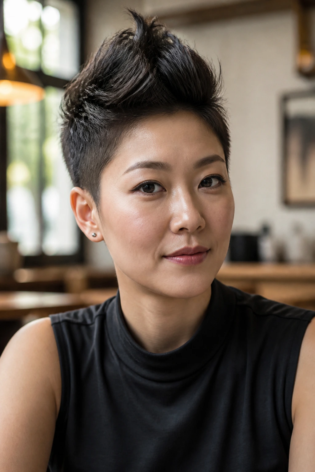 Asian woman with soft fauxhawk quiff showing a narrow ridge and lifted front.