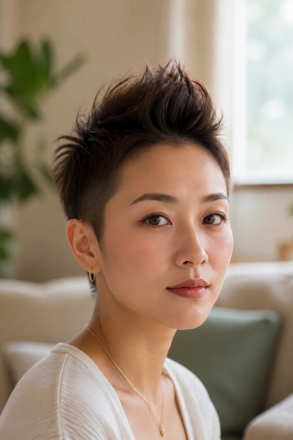 Close-up portrait of an Asian woman with a soft fauxhawk quiff