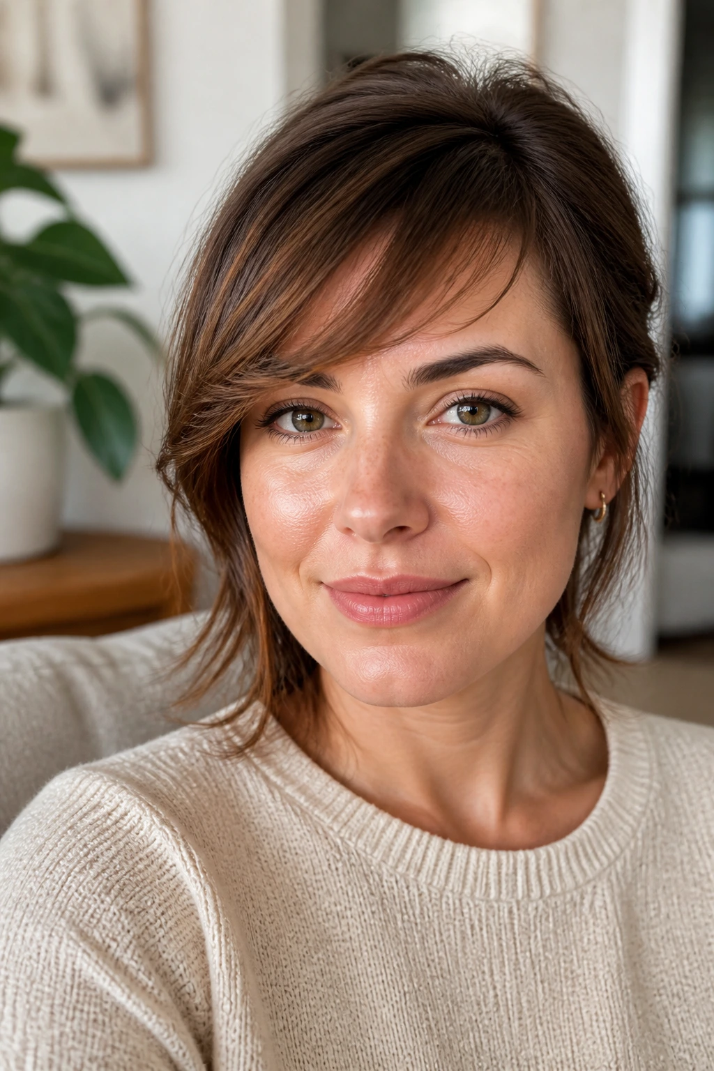Close-up portrait of a woman with feathered fringe