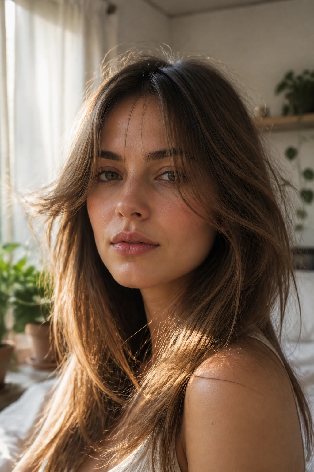 Close-up of a real woman with soft feathered curtain fringe and airy movement.