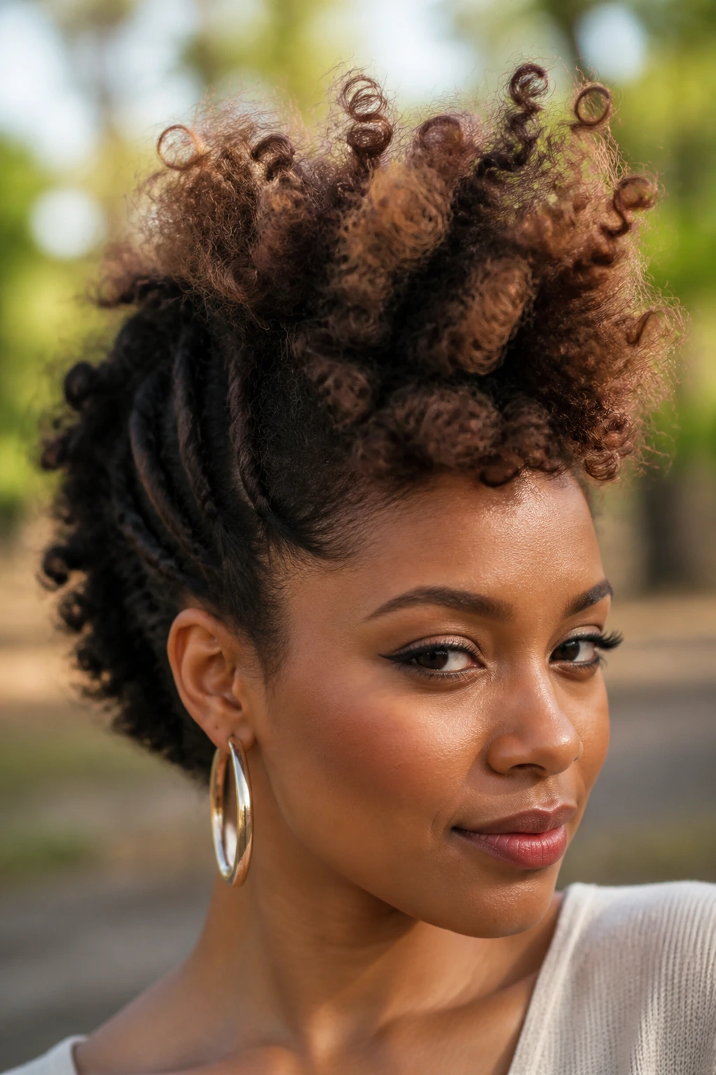 Close-up of a real person with a soft, airy frohawk hairstyle
