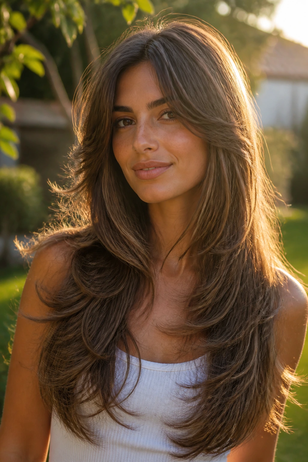 Portrait of a woman with soft feathered mermaid-length hair