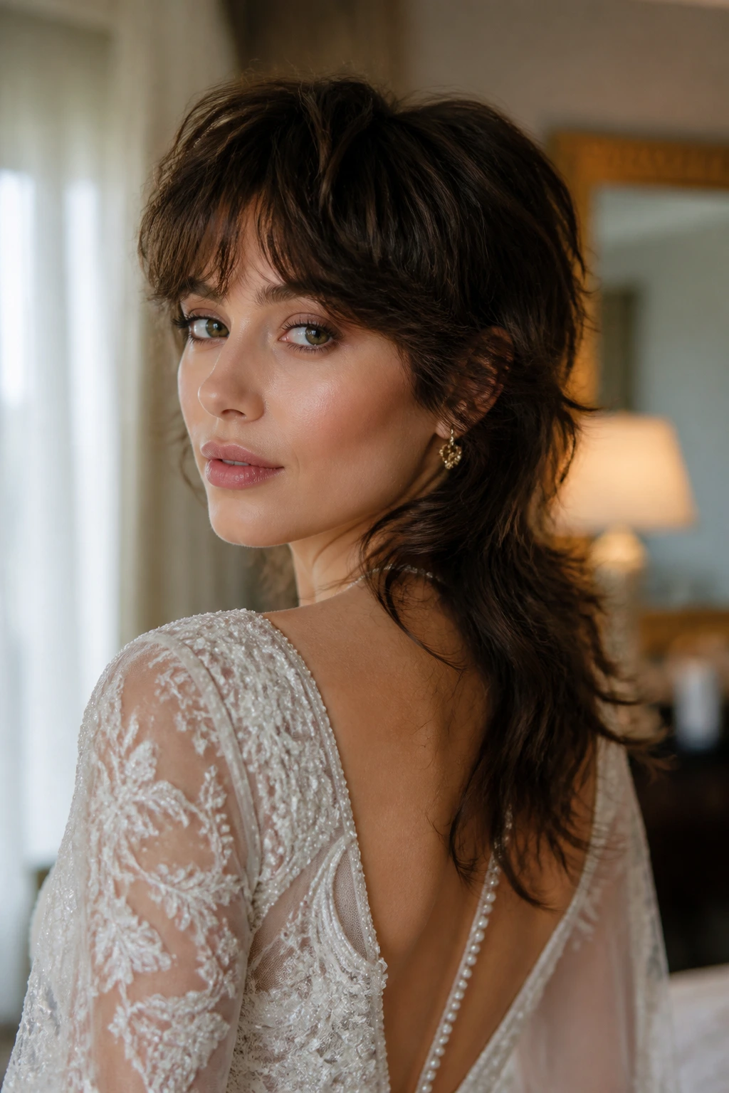 Real bride with soft feathered bridal mullet showing face-framing layers and back tail