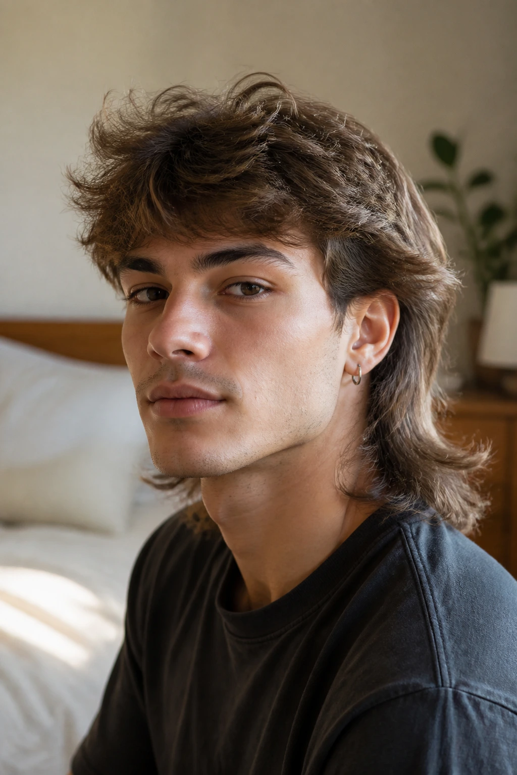 Close-up portrait of real person with soft feathered mullet in cozy bedroom light.