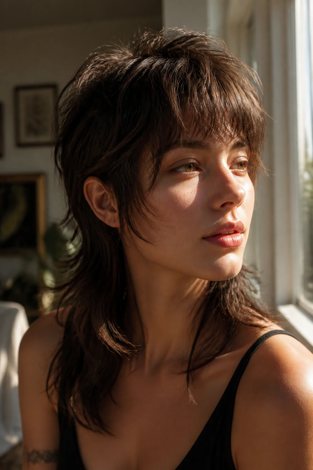 Portrait of a woman with a soft feathered mullet and cheekbone-framing pieces