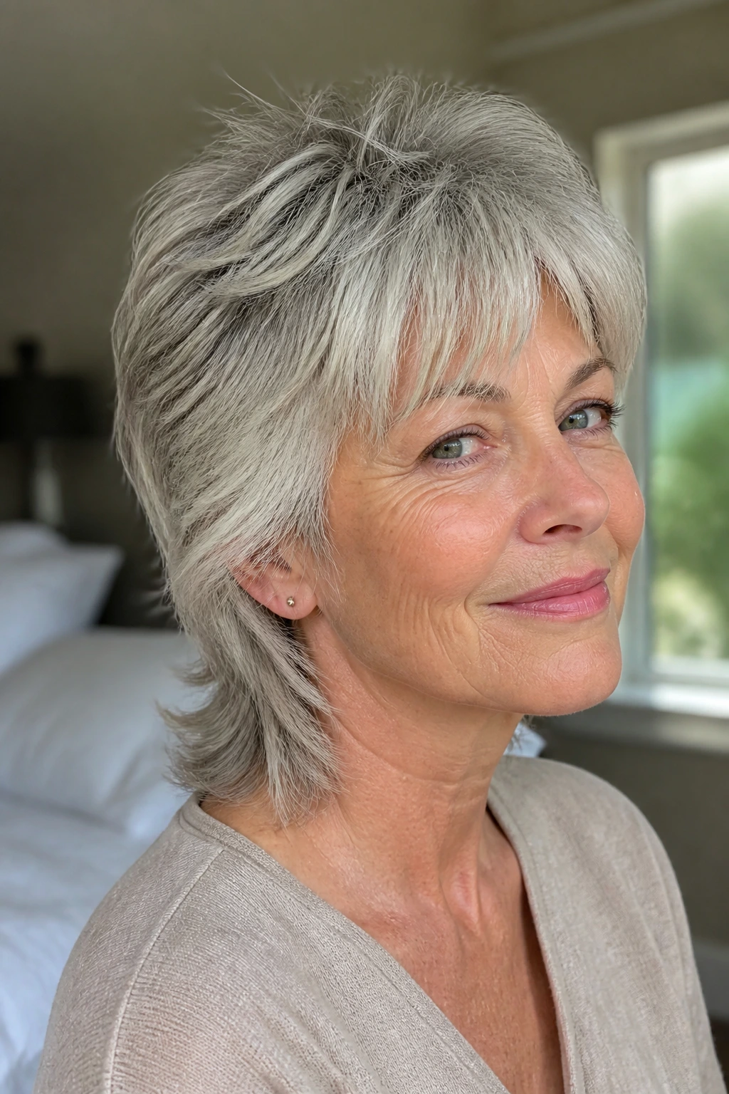 Portrait of an older woman with soft feathered mullet