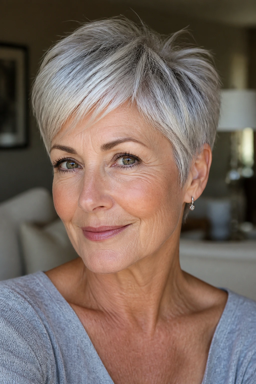 Close-up of a woman with a feathered silver pixie in warm room light