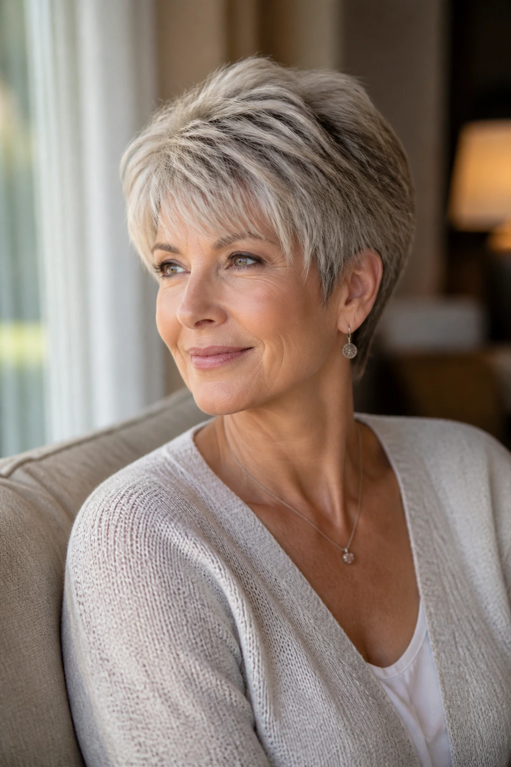 Portrait of a mature woman with soft feathered pixie variant