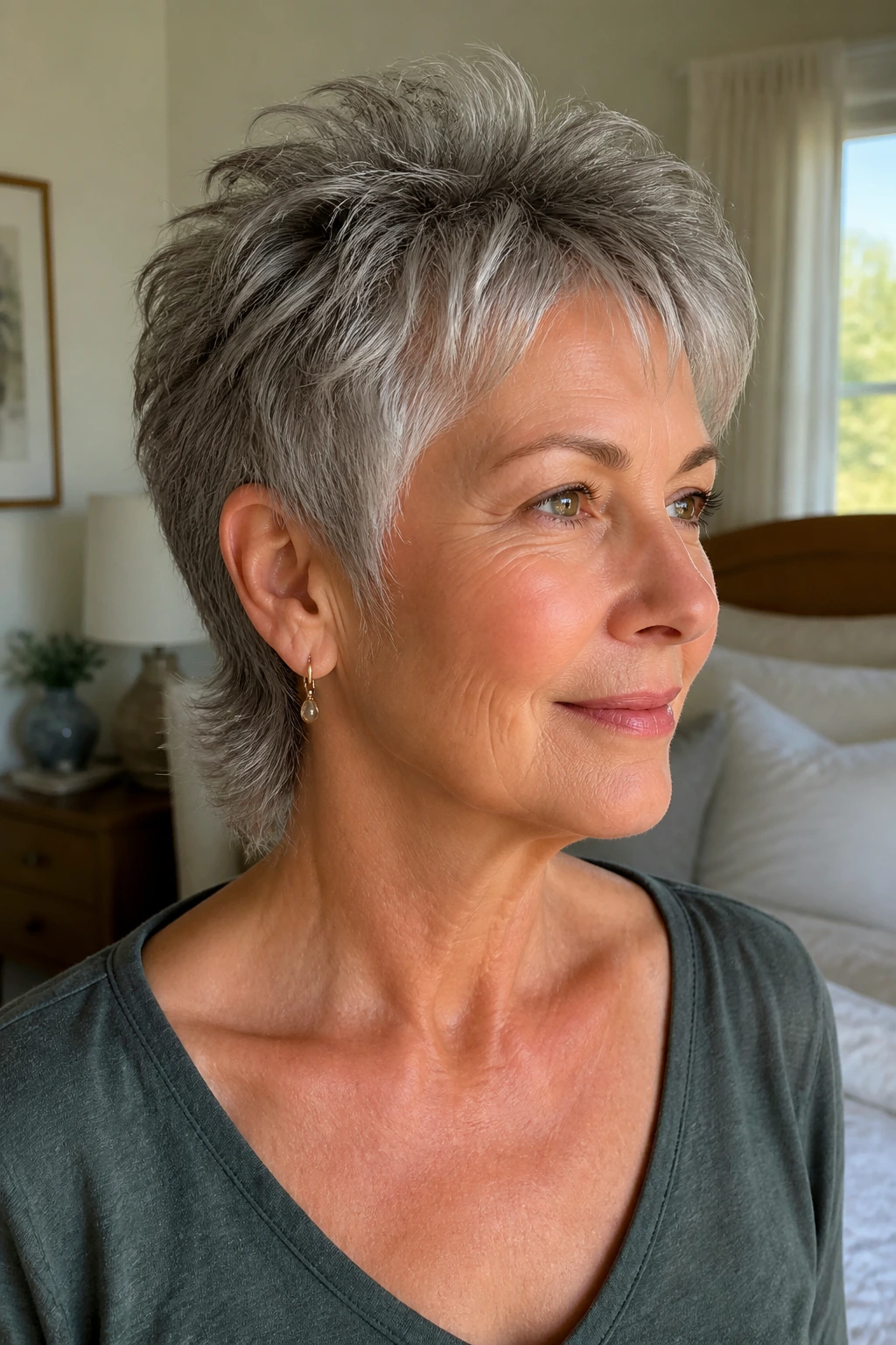 Close-up of an older woman with soft feathered pixie mullet.