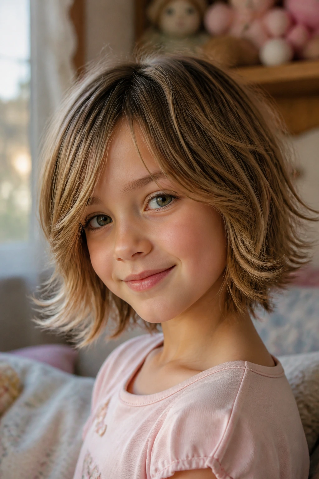 Child with soft feathered shag close-up