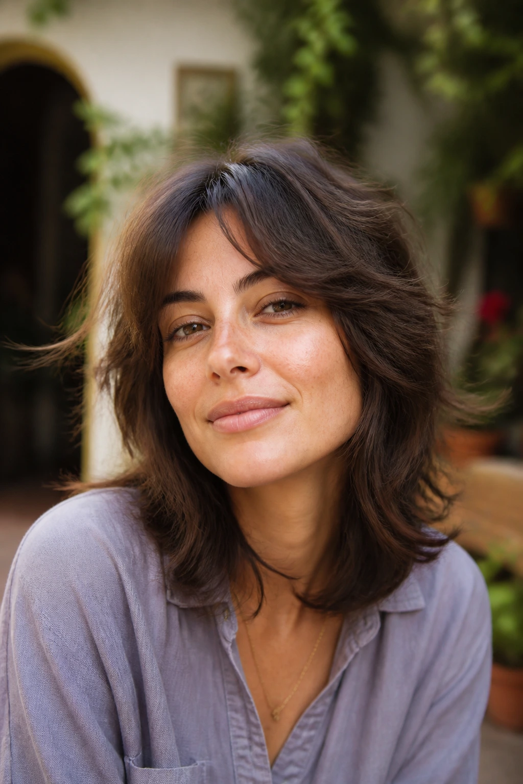 Portrait of a woman with soft feathered shag hairstyle
