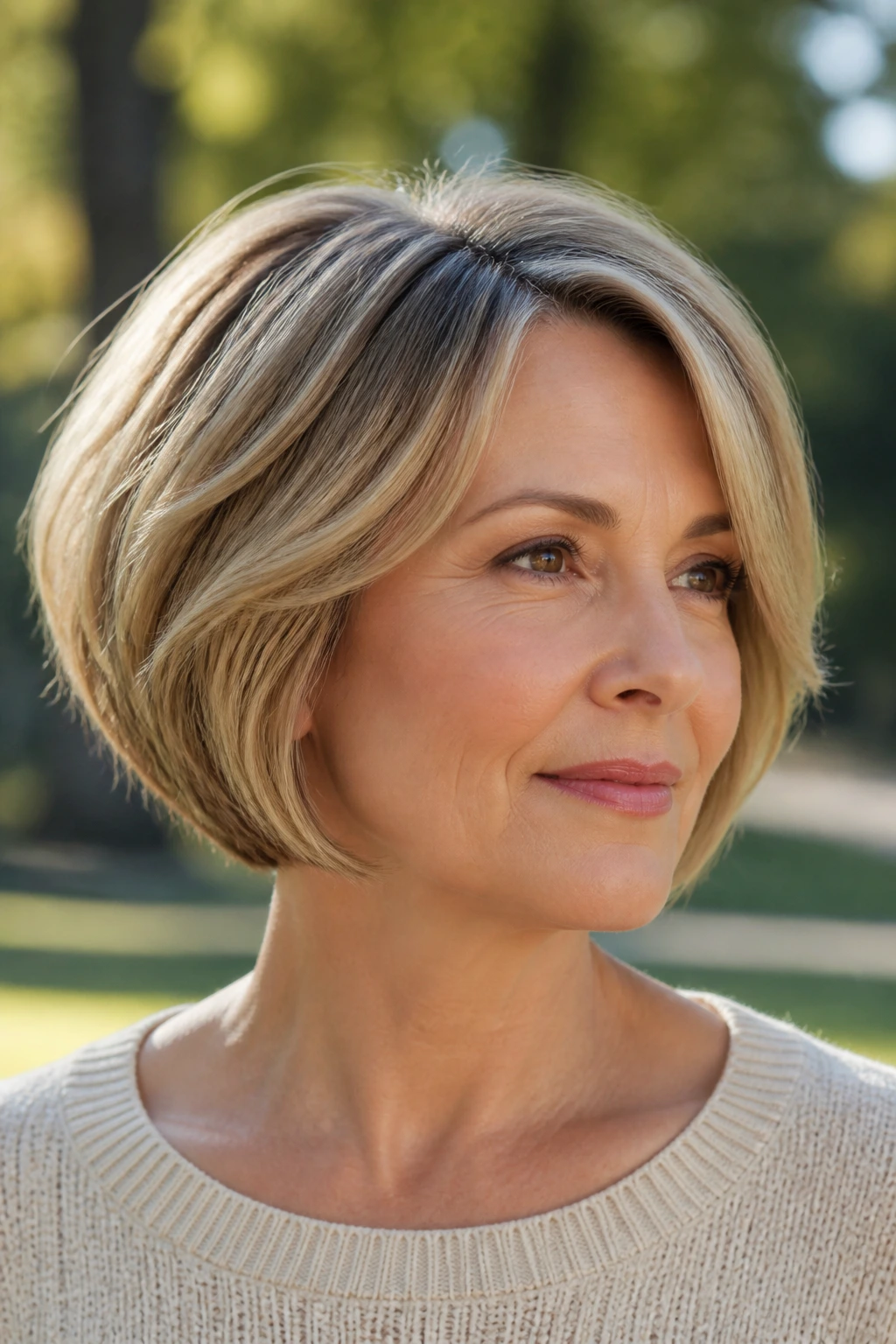 Close-up of a woman with soft feathered stacked bob outdoors in natural light