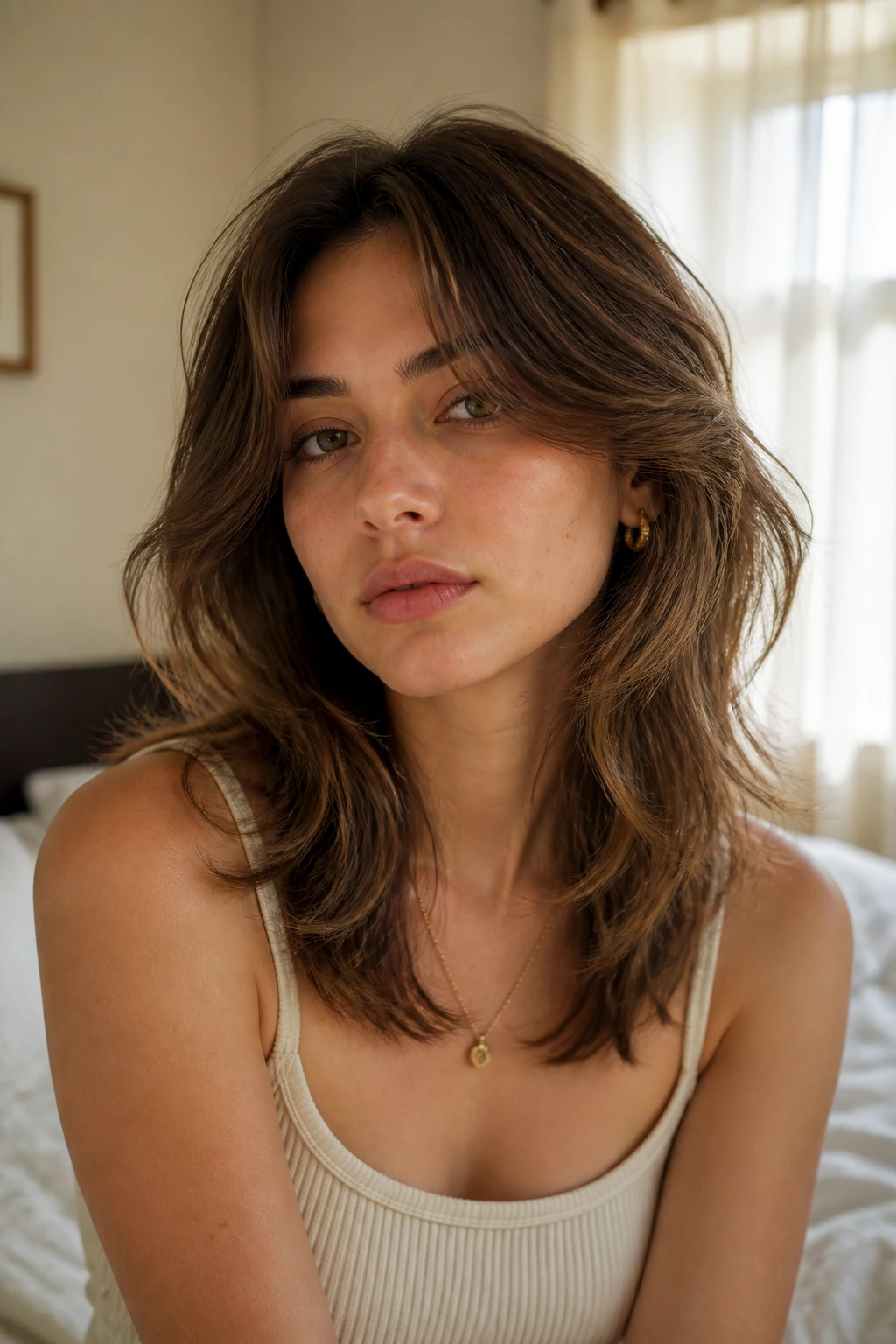 Real person with soft romantic wolf cut featuring feathered layers.