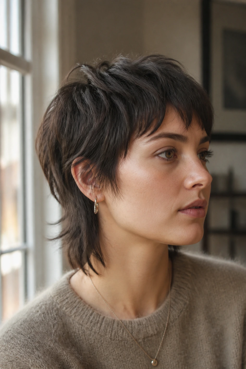 Portrait of a person with soft feathered wolf mullet in warm natural light.