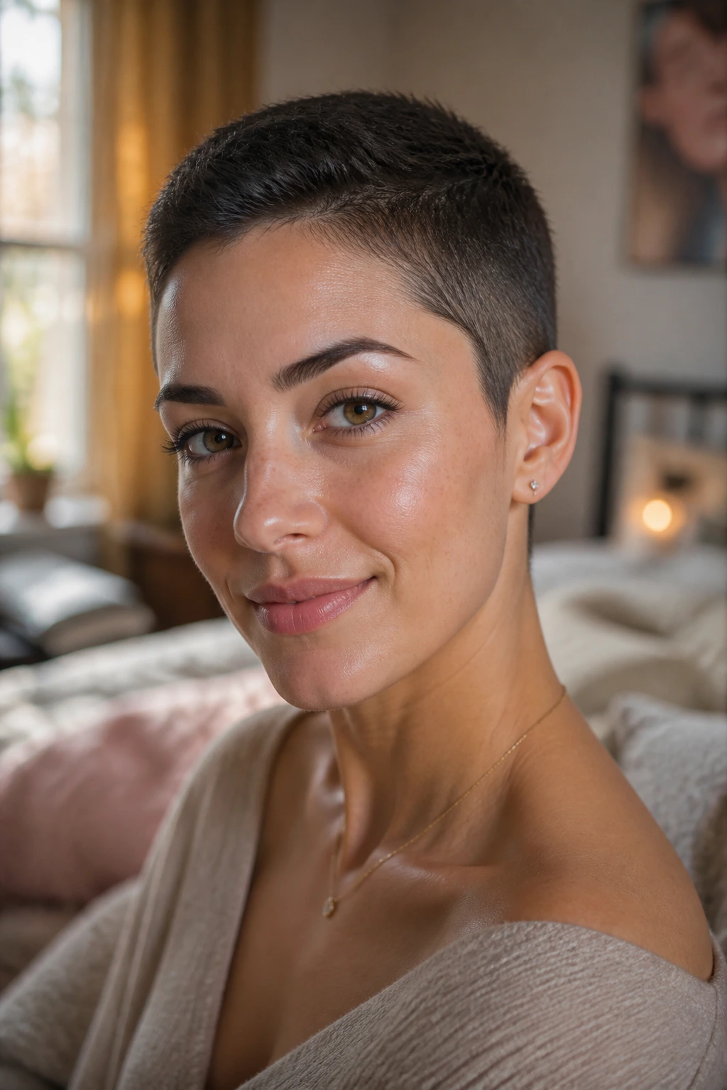 Close-up portrait of a woman with a soft feminine buzz cut and rounded edges