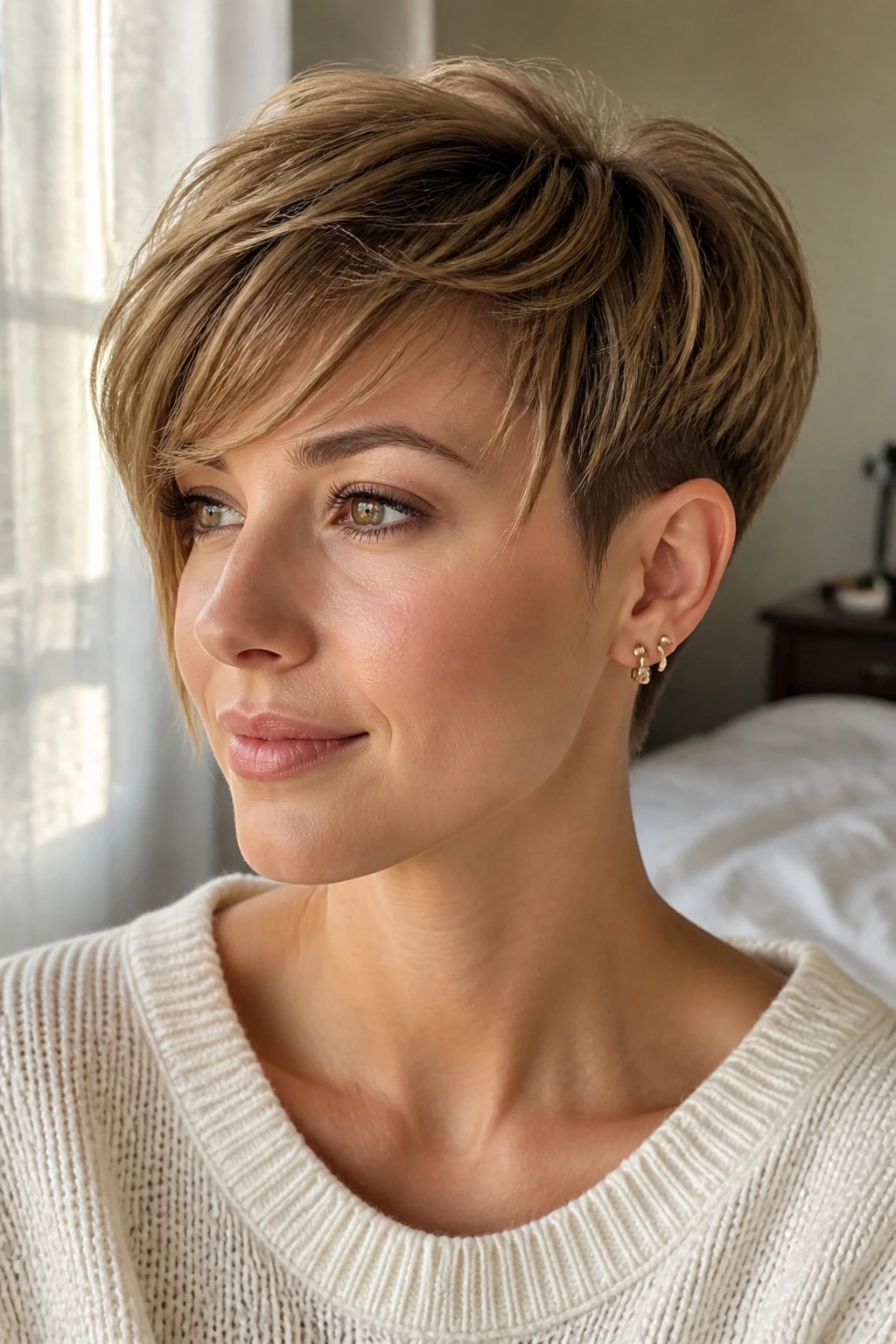 Close-up portrait of a real woman with a soft feminine undercut pixie, hidden undercut and rounded silhouette