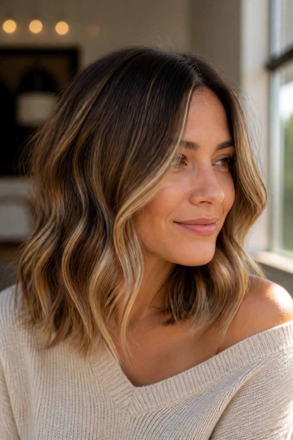 Close-up of a real person with soft, shaped balayage on a lob