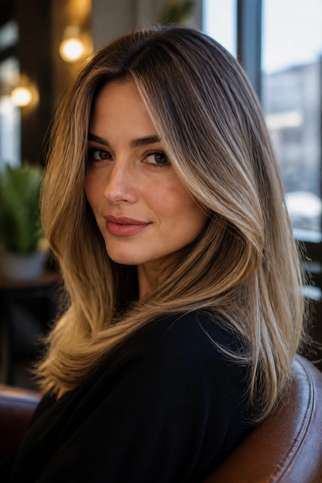 Close-up portrait of a real woman with soft finish balayage framing the face