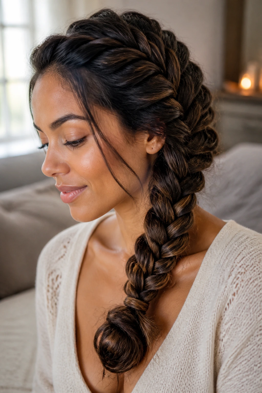 Close-up of a braid with soft polished finish on a real person