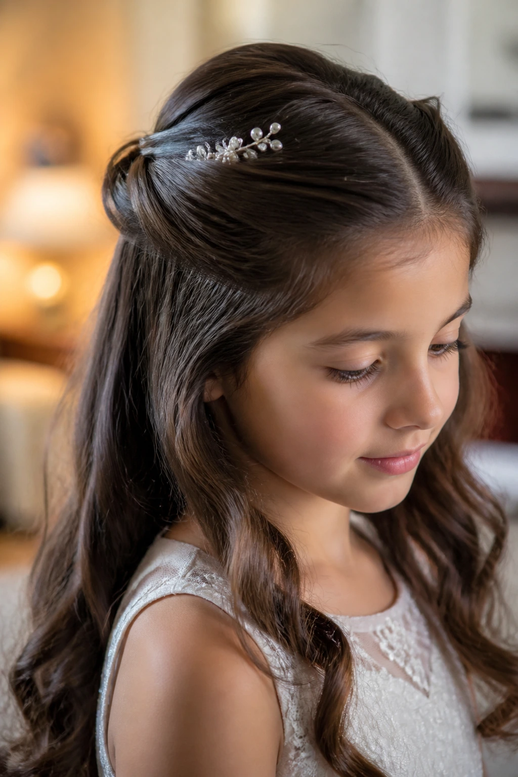 Close-up of a child with a soft, secure half-up hairstyle.