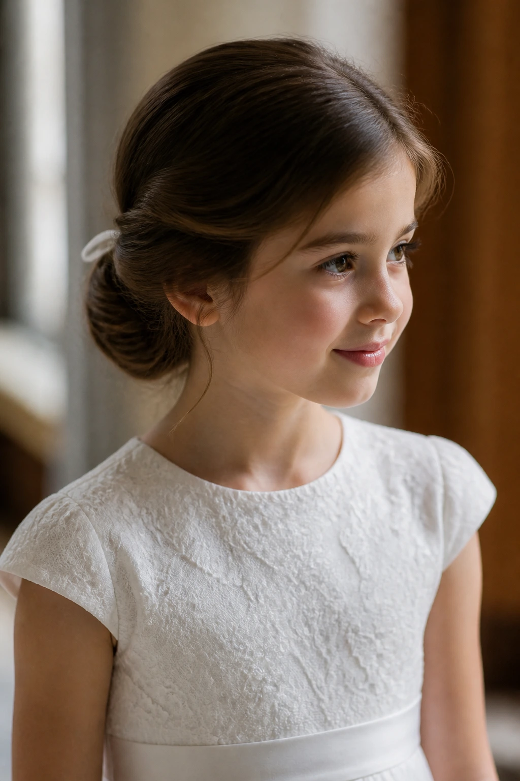 Portrait of a child with a soft finishing hairstyle for First Communion
