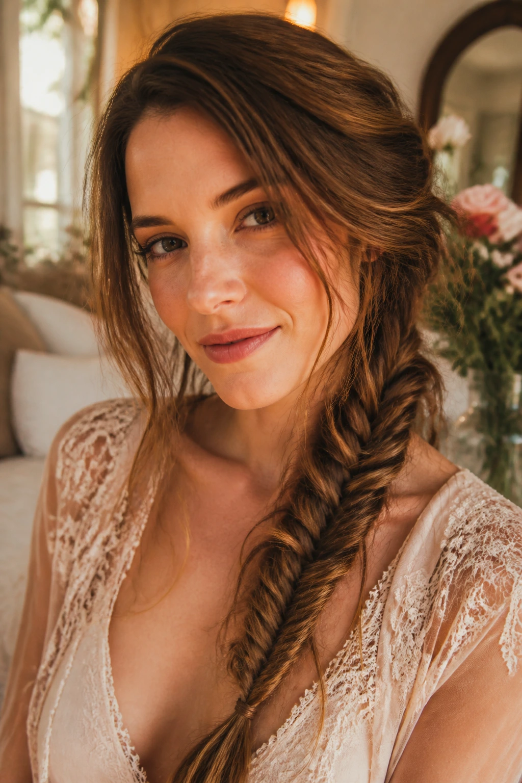 Soft, undone fishtail braid on a real person in a romantic setting