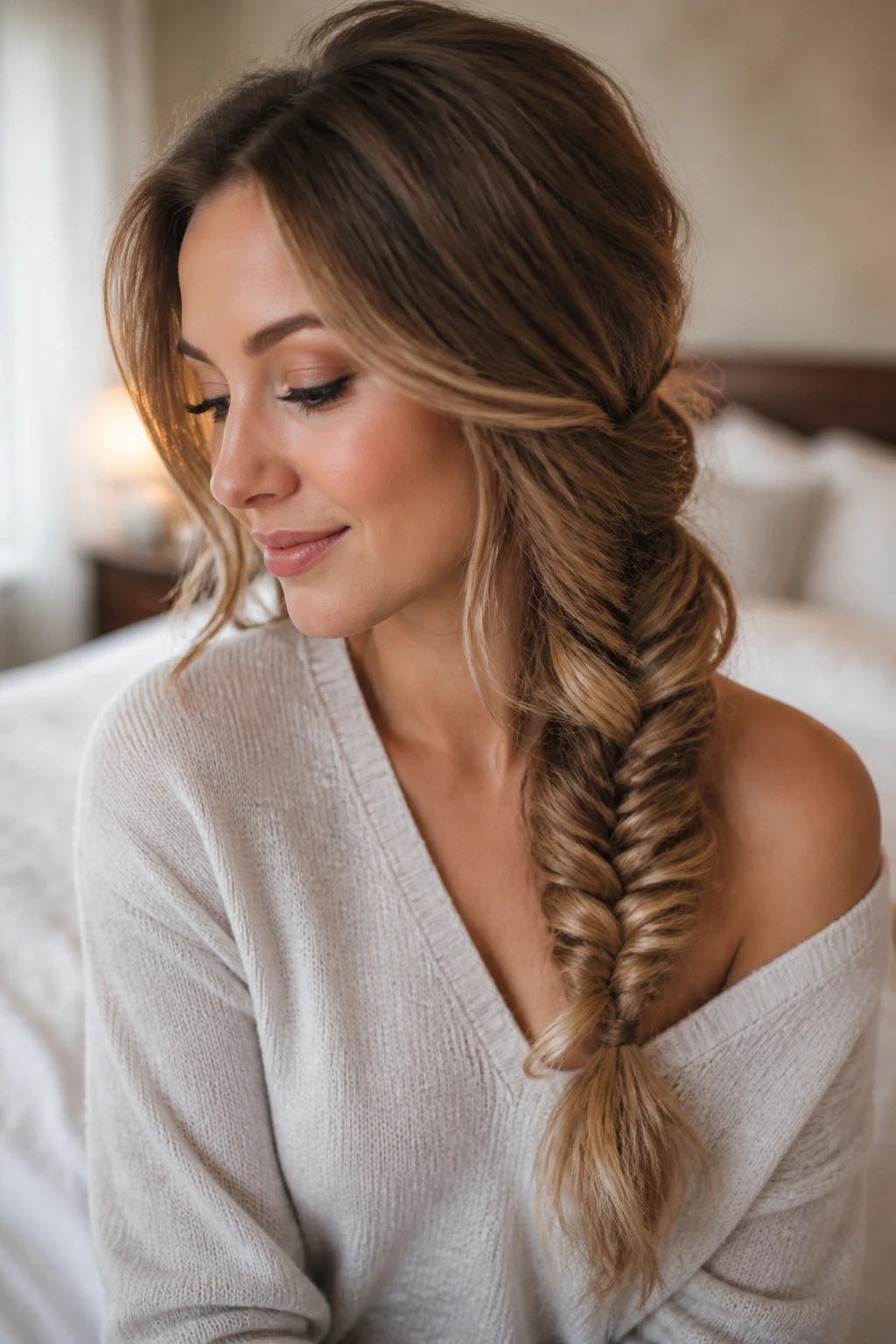 Close-up of a real woman with a soft fishtail side braid in warm window light