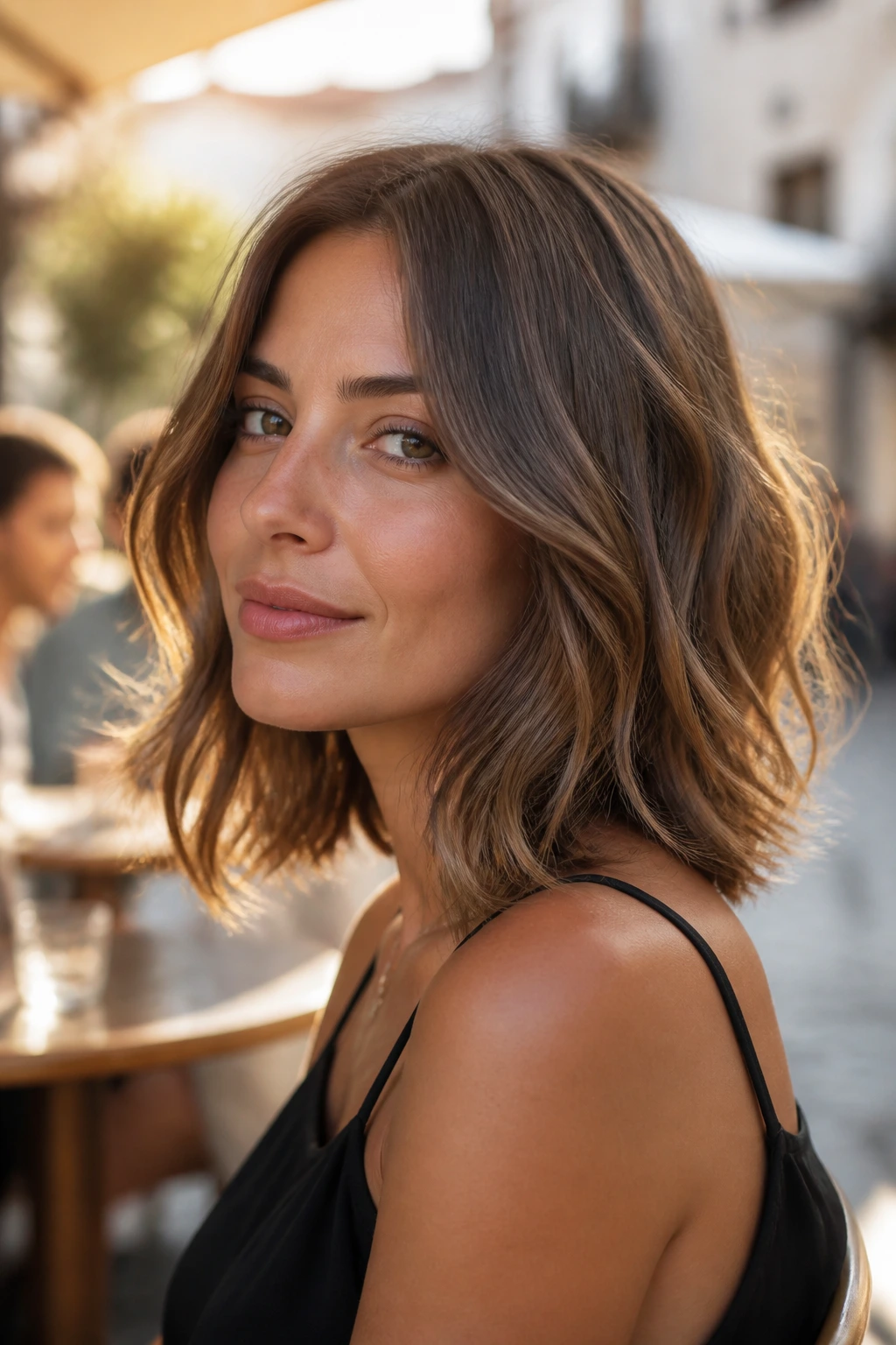 Close-up of a real woman with a soft-flick lob showing gentle end flick