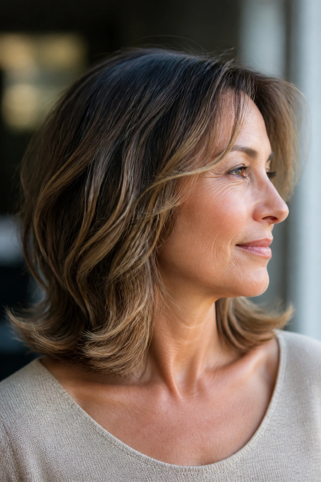 Real woman with soft flip-out ends at collarbone length