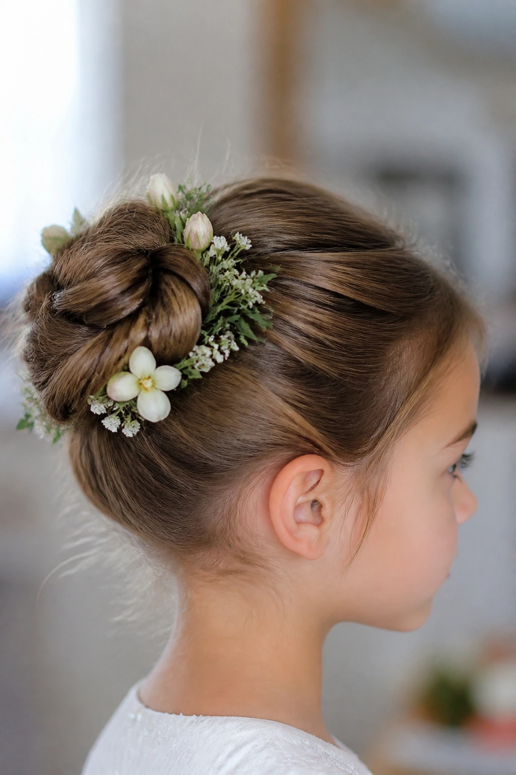 Close-up of bun with small floral accents