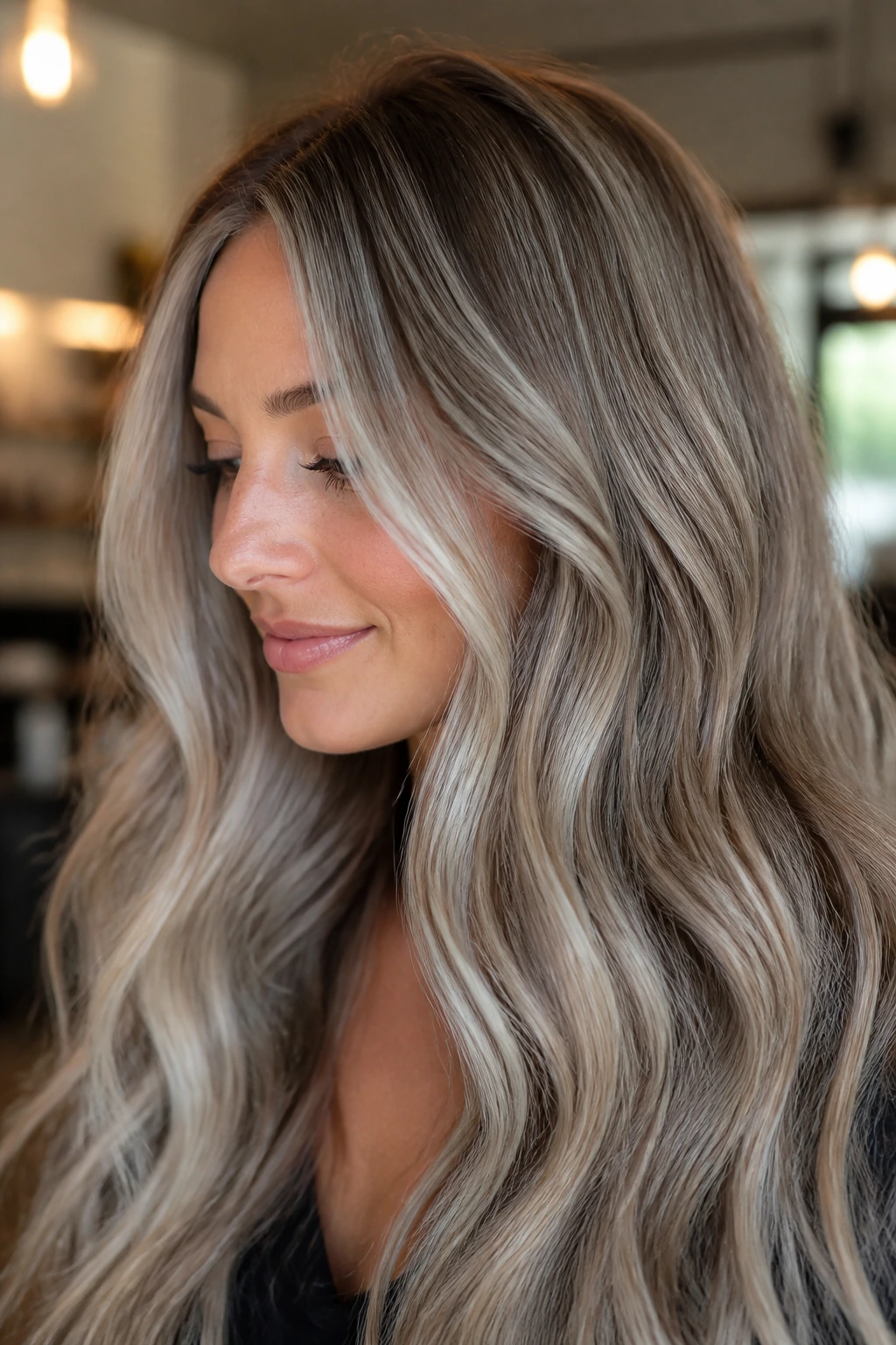 Beige-heavy ash hair with fine ribbons on a real person