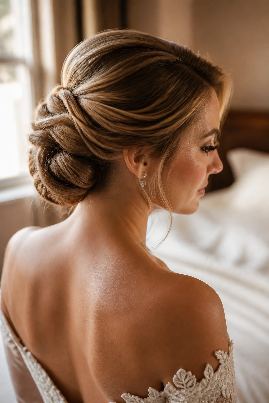 Real bride with soft folded bun close-up under warm window light