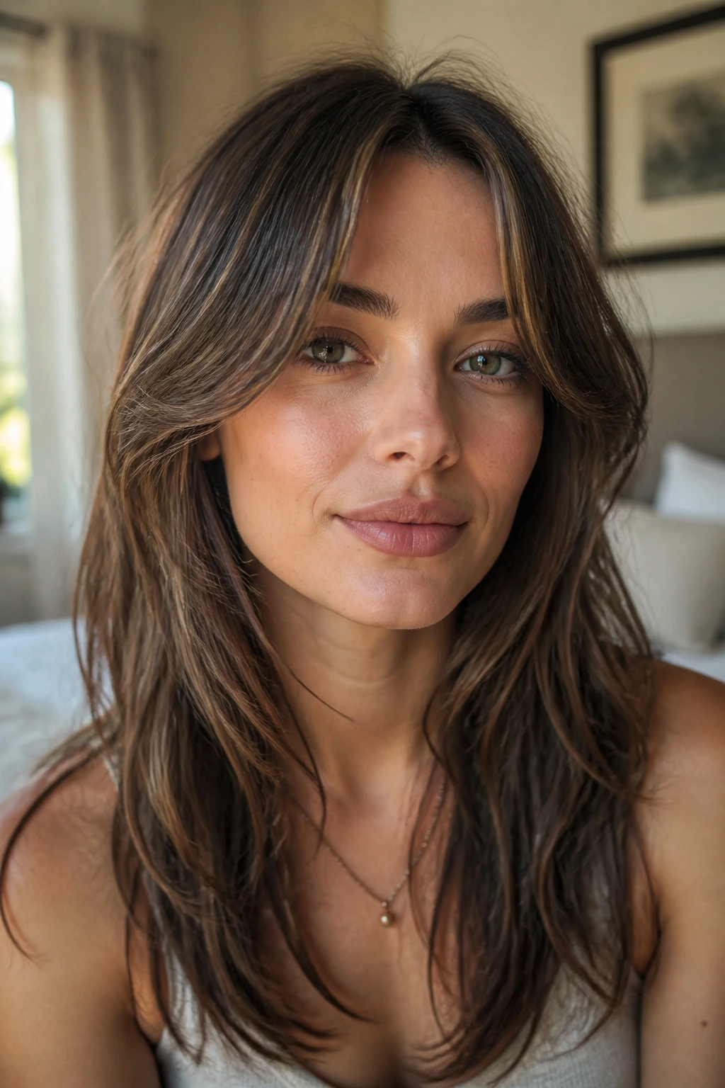 Close-up of a real woman wearing a soft middle-part fringe framing her cheeks in warm bedroom light