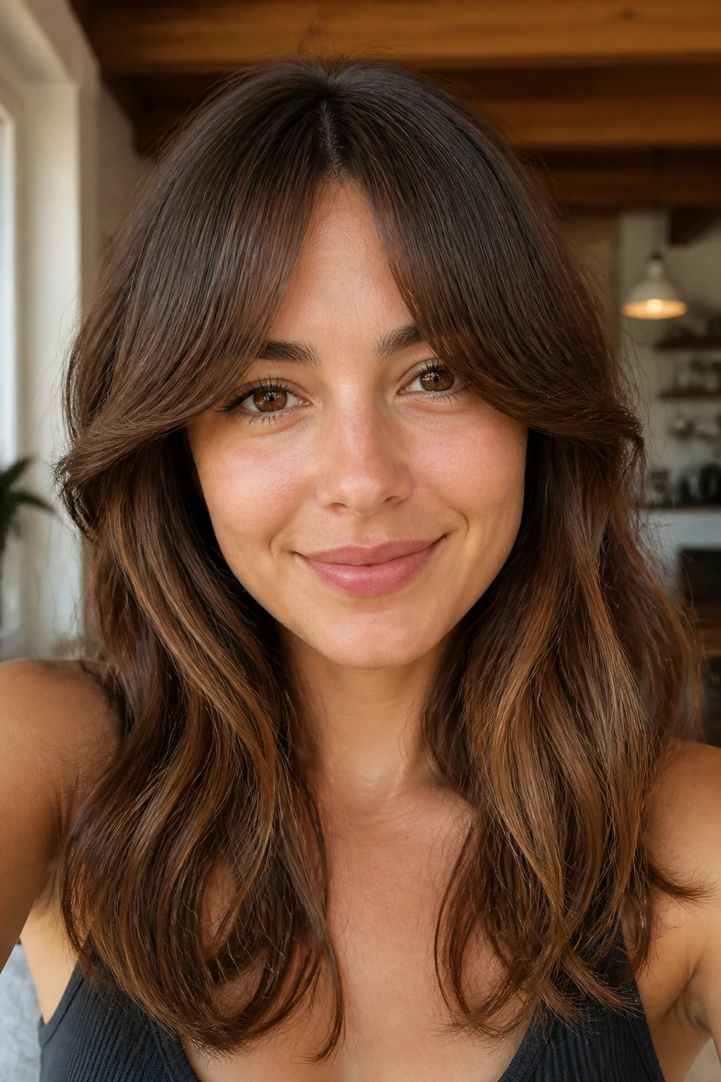 Close-up of a real person with soft-framing curtain bangs