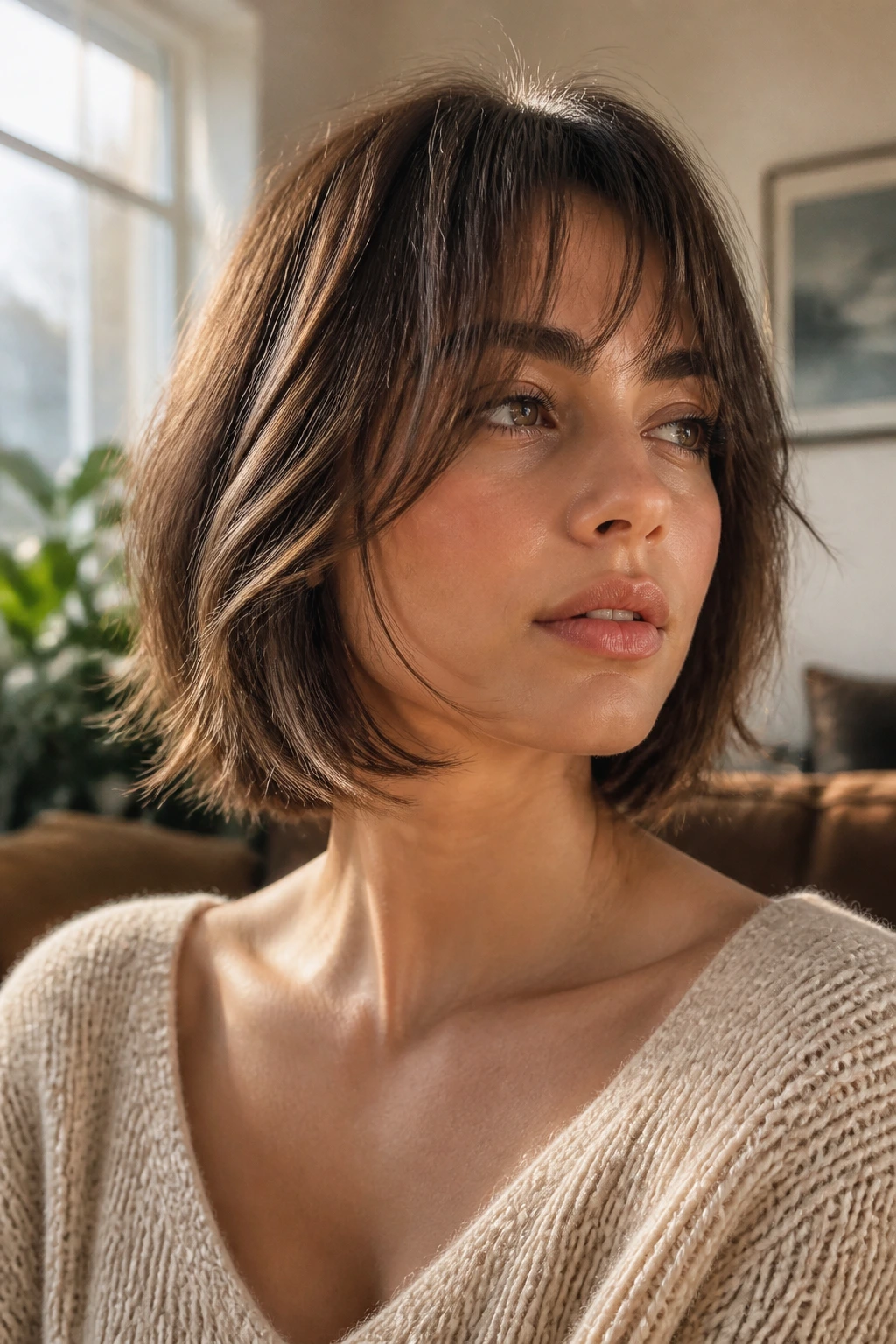 Close-up of a real woman with a soft frame short butterfly cut in low-maintenance style